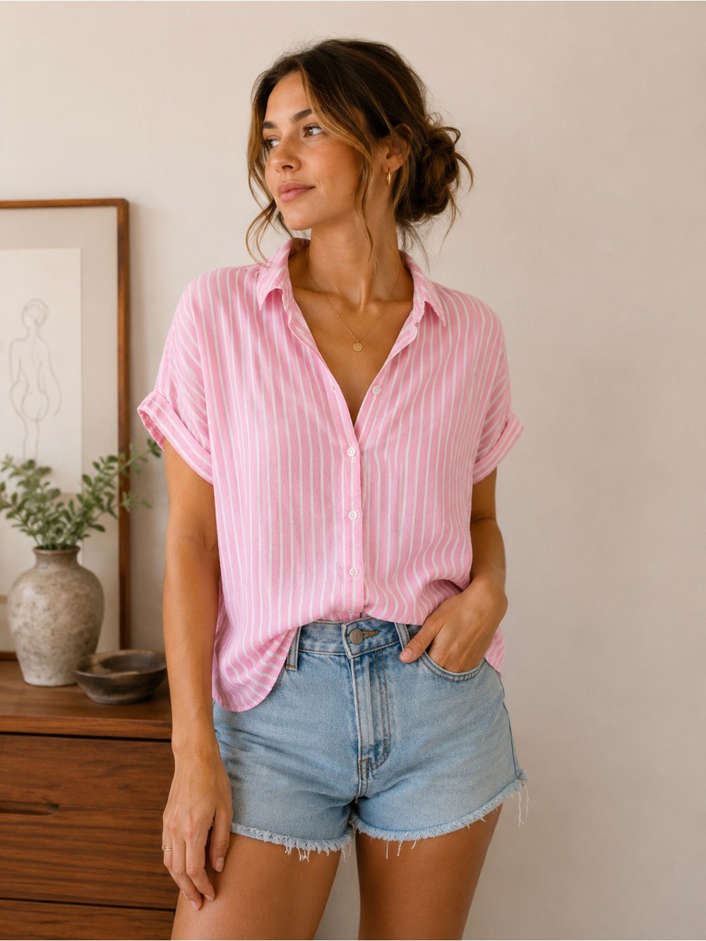 BeachLunchLounge Pink & White Striped Button-Up Shirt | Size Small